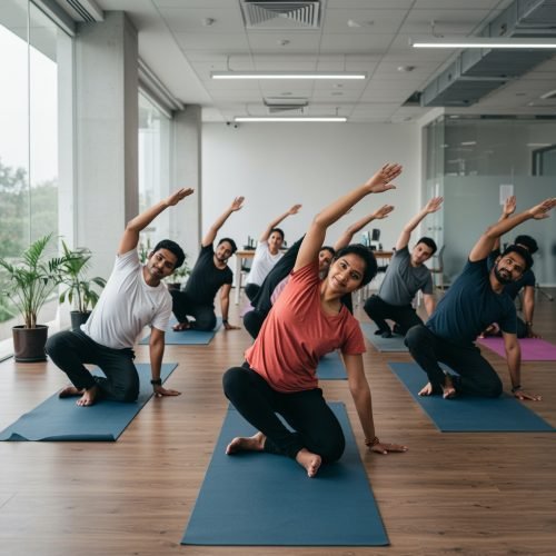 Landscape,Style,,Indian,Employees,,Diverse,Group,,Practicing,Yoga,Poses,,In
